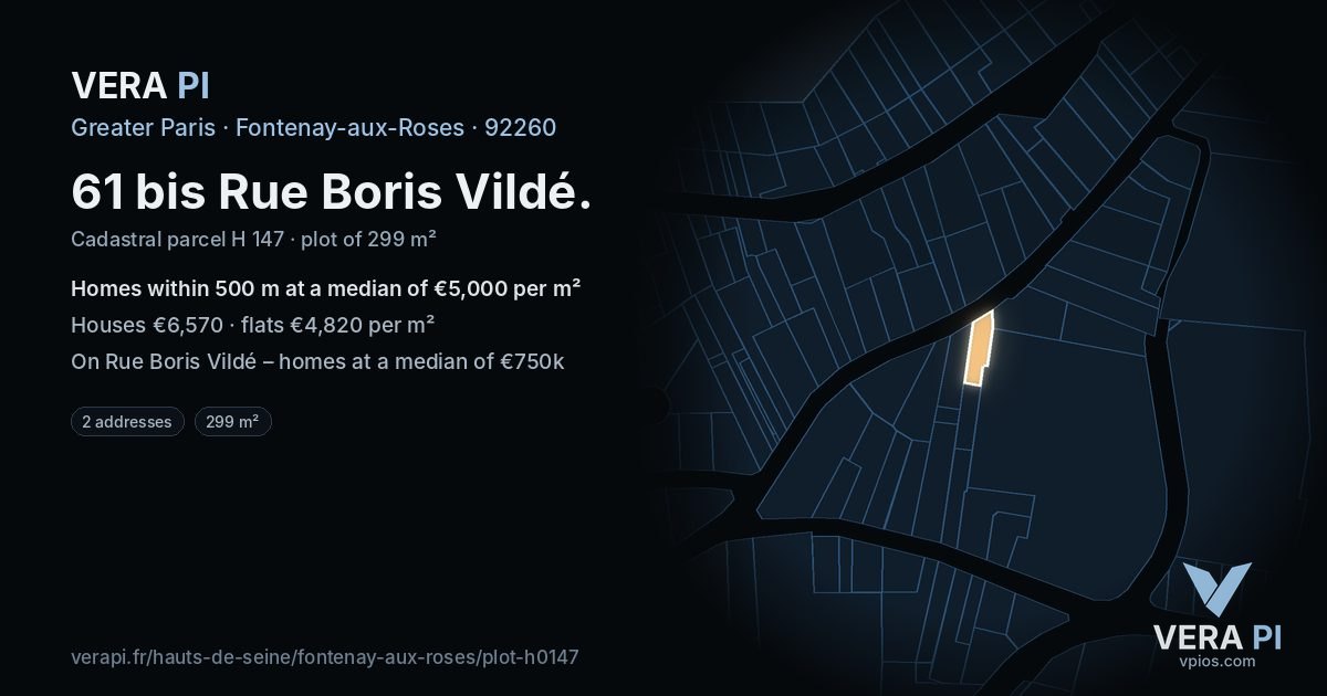 61 bis Rue Boris Vildé, Fontenay-aux-Roses at night – the plot lit, the parcels around coloured by the prices near them