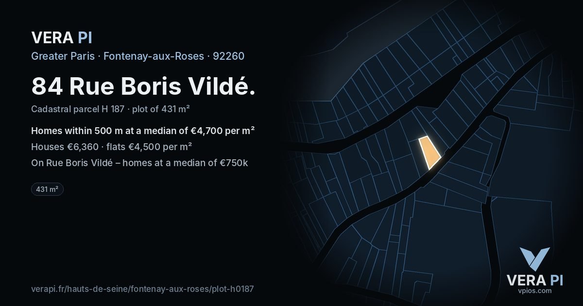 84 Rue Boris Vildé, Fontenay-aux-Roses at night – the plot lit, the parcels around coloured by the prices near them
