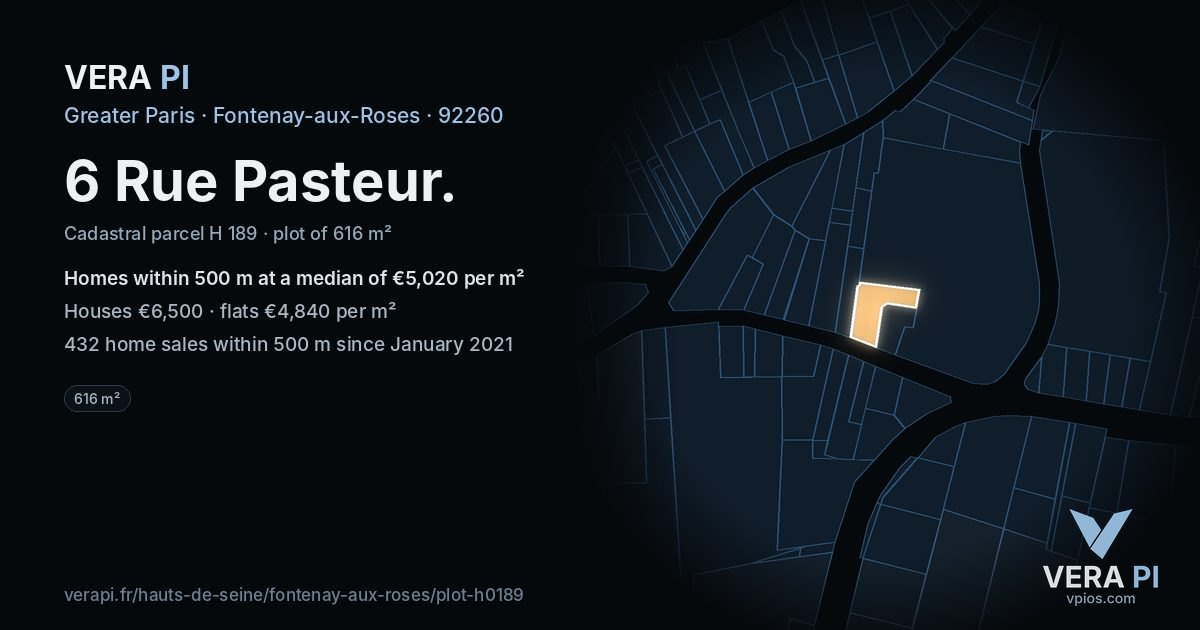 6 Rue Pasteur, Fontenay-aux-Roses at night – the plot lit, the parcels around coloured by the prices near them