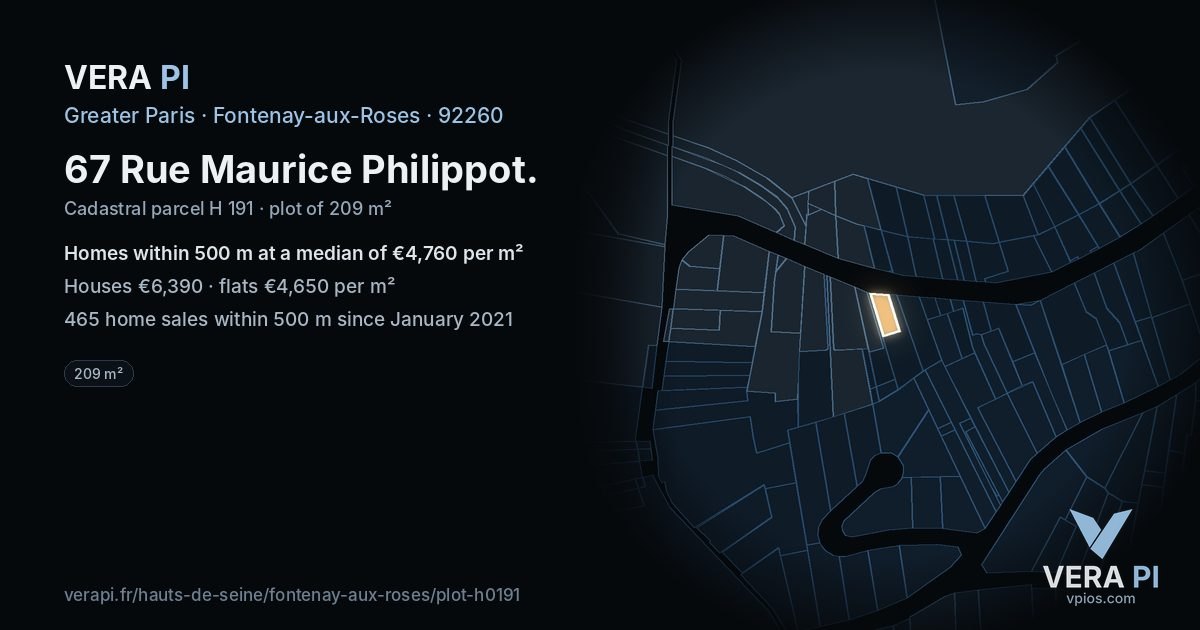67 Rue Maurice Philippot, Fontenay-aux-Roses at night – the plot lit, the parcels around coloured by the prices near them