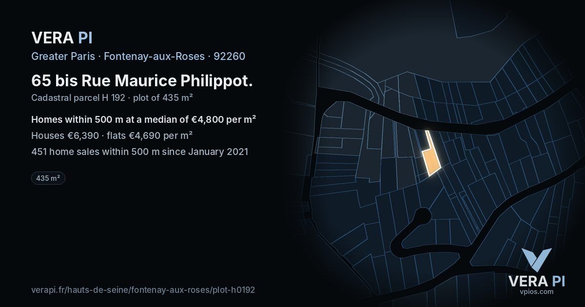 65 bis Rue Maurice Philippot, Fontenay-aux-Roses at night – the plot lit, the parcels around coloured by the prices near them