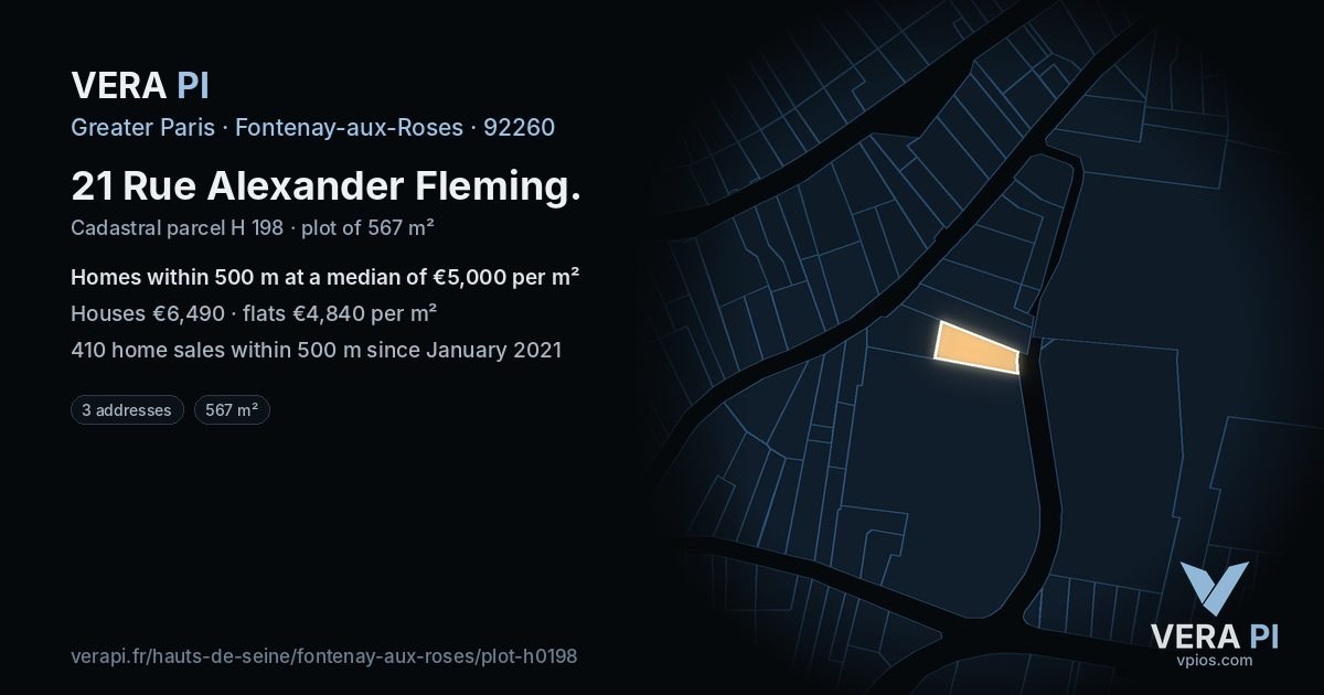 21 Rue Alexander Fleming, Fontenay-aux-Roses at night – the plot lit, the parcels around coloured by the prices near them