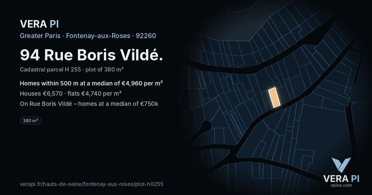 94 Rue Boris Vildé, Fontenay-aux-Roses at night – the plot lit, the parcels around coloured by the prices near them