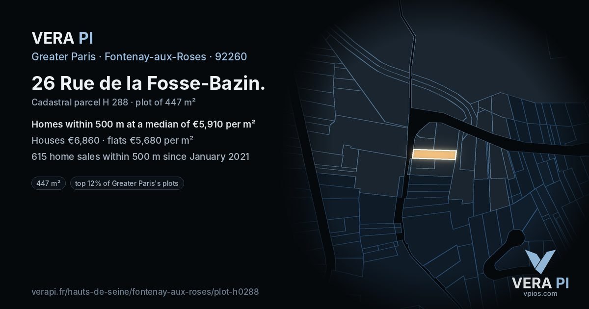 26 Rue de la Fosse-Bazin, Fontenay-aux-Roses at night – the plot lit, the parcels around coloured by the prices near them