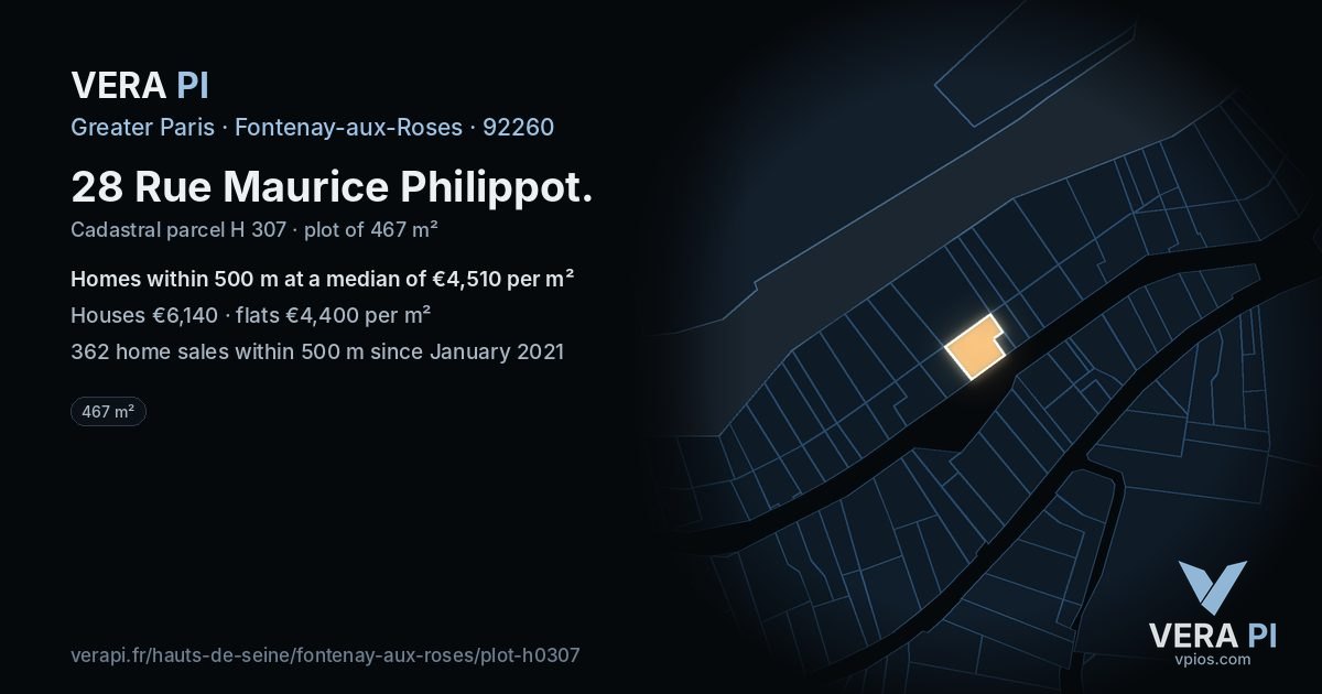 28 Rue Maurice Philippot, Fontenay-aux-Roses at night – the plot lit, the parcels around coloured by the prices near them