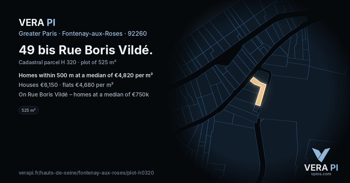 49 bis Rue Boris Vildé, Fontenay-aux-Roses at night – the plot lit, the parcels around coloured by the prices near them