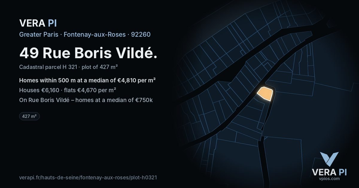 49 Rue Boris Vildé, Fontenay-aux-Roses at night – the plot lit, the parcels around coloured by the prices near them