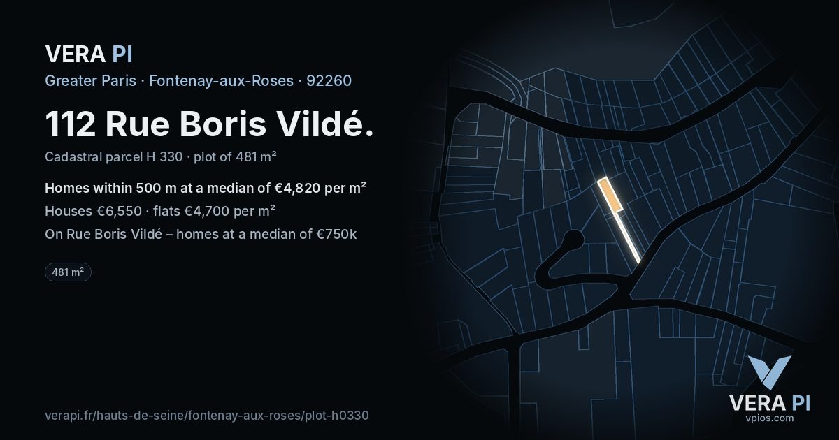 112 Rue Boris Vildé, Fontenay-aux-Roses at night – the plot lit, the parcels around coloured by the prices near them