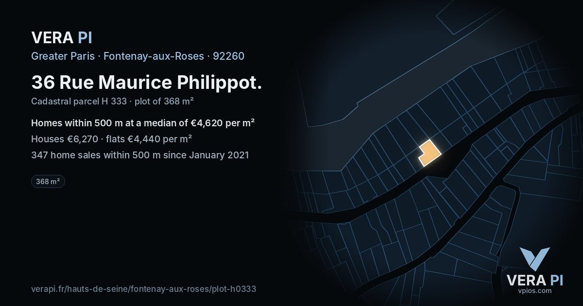 36 Rue Maurice Philippot, Fontenay-aux-Roses at night – the plot lit, the parcels around coloured by the prices near them