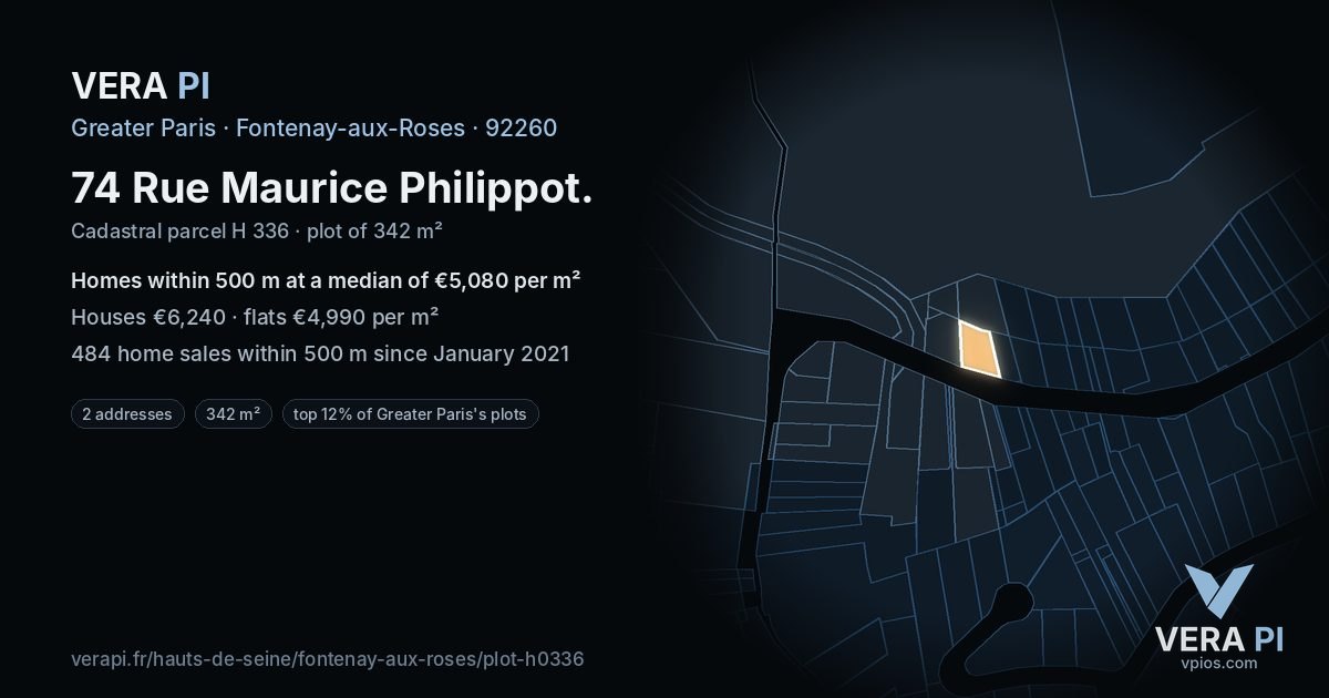 74 Rue Maurice Philippot, Fontenay-aux-Roses at night – the plot lit, the parcels around coloured by the prices near them