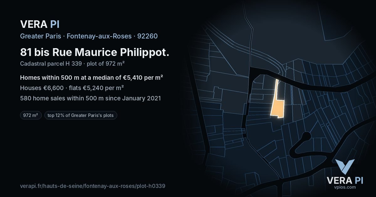 81 bis Rue Maurice Philippot, Fontenay-aux-Roses at night – the plot lit, the parcels around coloured by the prices near them