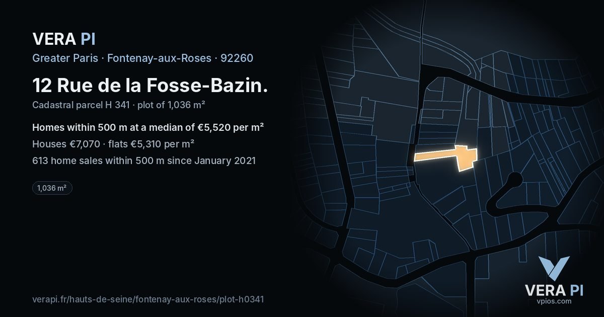 12 Rue de la Fosse-Bazin, Fontenay-aux-Roses at night – the plot lit, the parcels around coloured by the prices near them