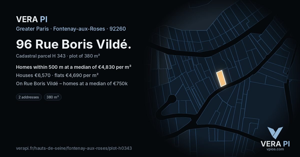 96 Rue Boris Vildé, Fontenay-aux-Roses at night – the plot lit, the parcels around coloured by the prices near them