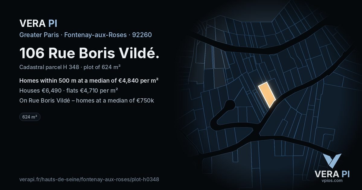 106 Rue Boris Vildé, Fontenay-aux-Roses at night – the plot lit, the parcels around coloured by the prices near them