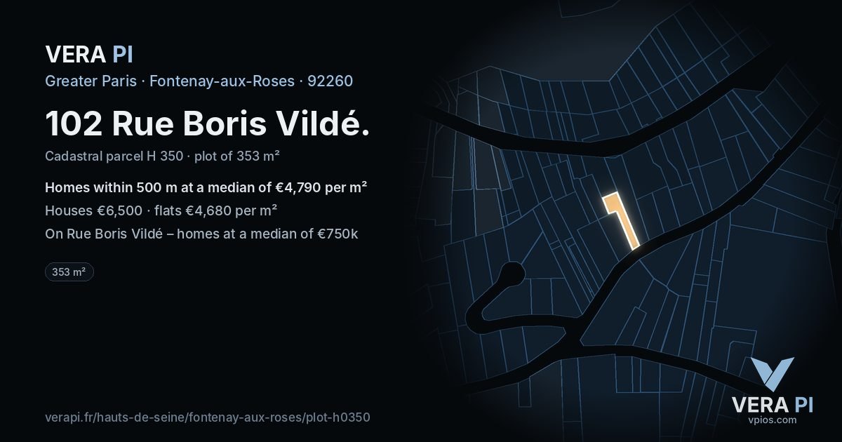 102 Rue Boris Vildé, Fontenay-aux-Roses at night – the plot lit, the parcels around coloured by the prices near them