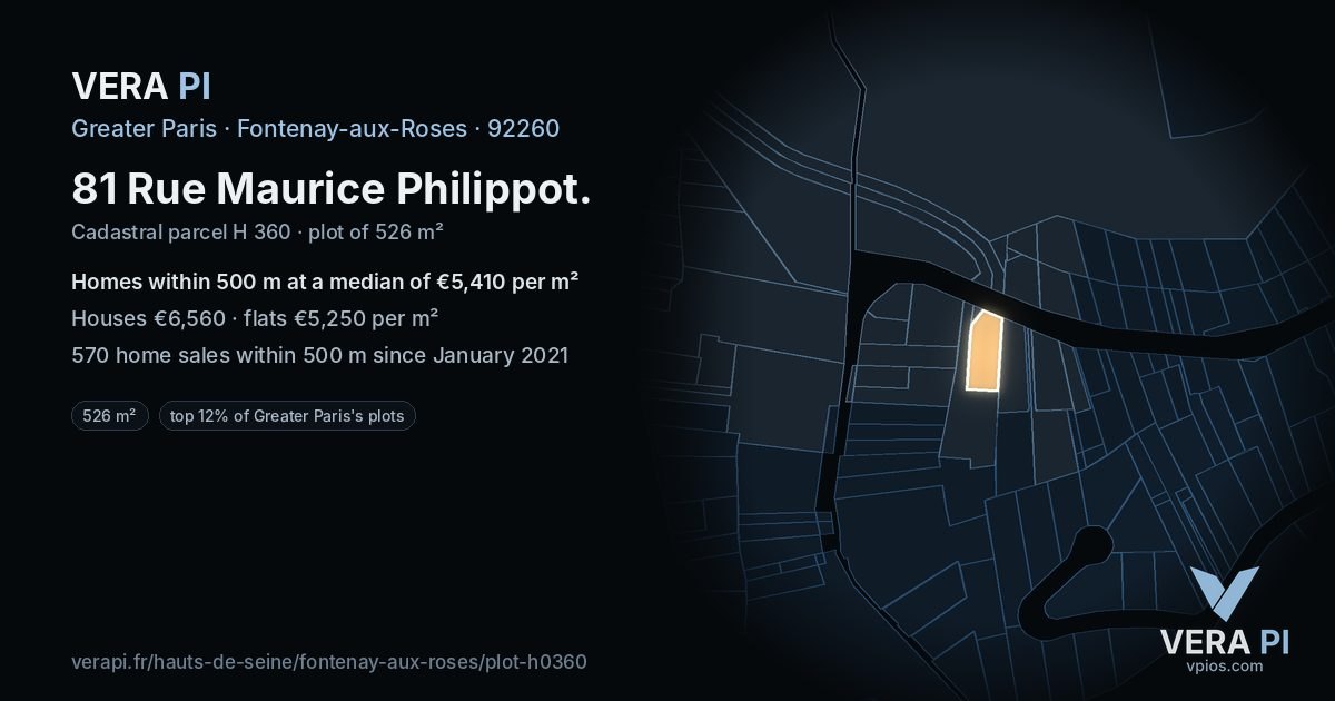 81 Rue Maurice Philippot, Fontenay-aux-Roses at night – the plot lit, the parcels around coloured by the prices near them