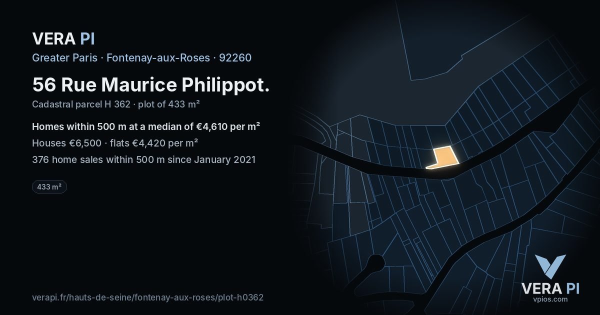 56 Rue Maurice Philippot, Fontenay-aux-Roses at night – the plot lit, the parcels around coloured by the prices near them