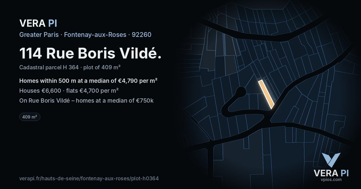 114 Rue Boris Vildé, Fontenay-aux-Roses at night – the plot lit, the parcels around coloured by the prices near them