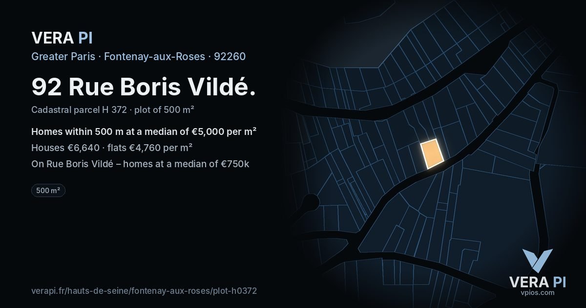 92 Rue Boris Vildé, Fontenay-aux-Roses at night – the plot lit, the parcels around coloured by the prices near them