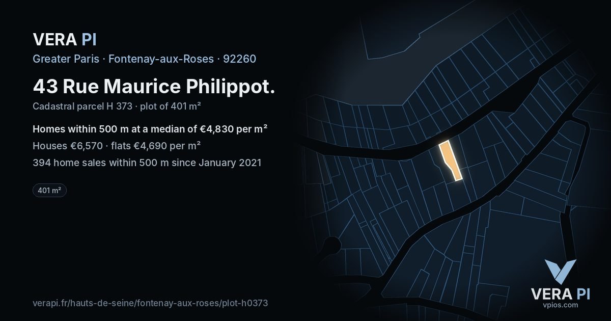 43 Rue Maurice Philippot, Fontenay-aux-Roses at night – the plot lit, the parcels around coloured by the prices near them