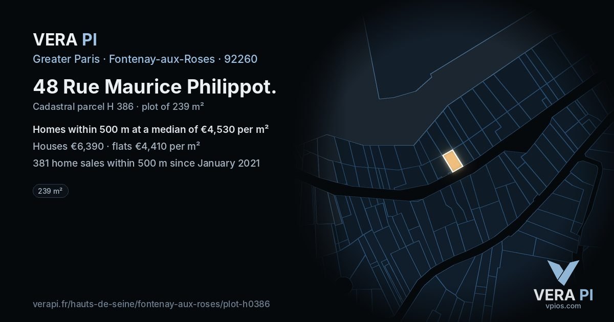 48 Rue Maurice Philippot, Fontenay-aux-Roses at night – the plot lit, the parcels around coloured by the prices near them