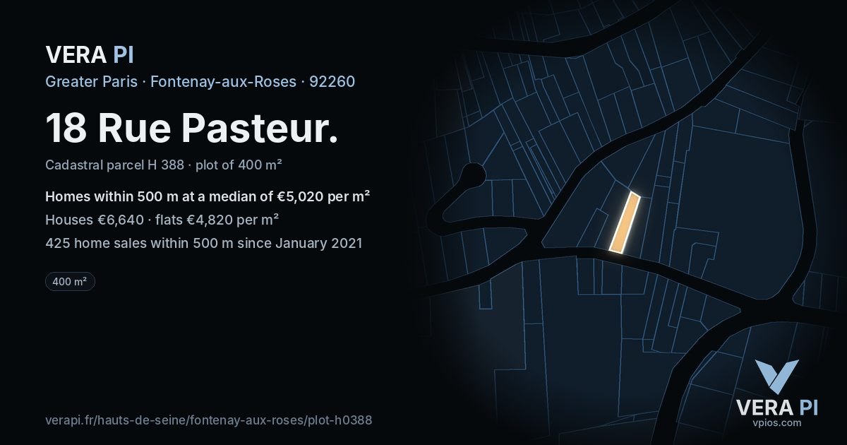 18 Rue Pasteur, Fontenay-aux-Roses at night – the plot lit, the parcels around coloured by the prices near them