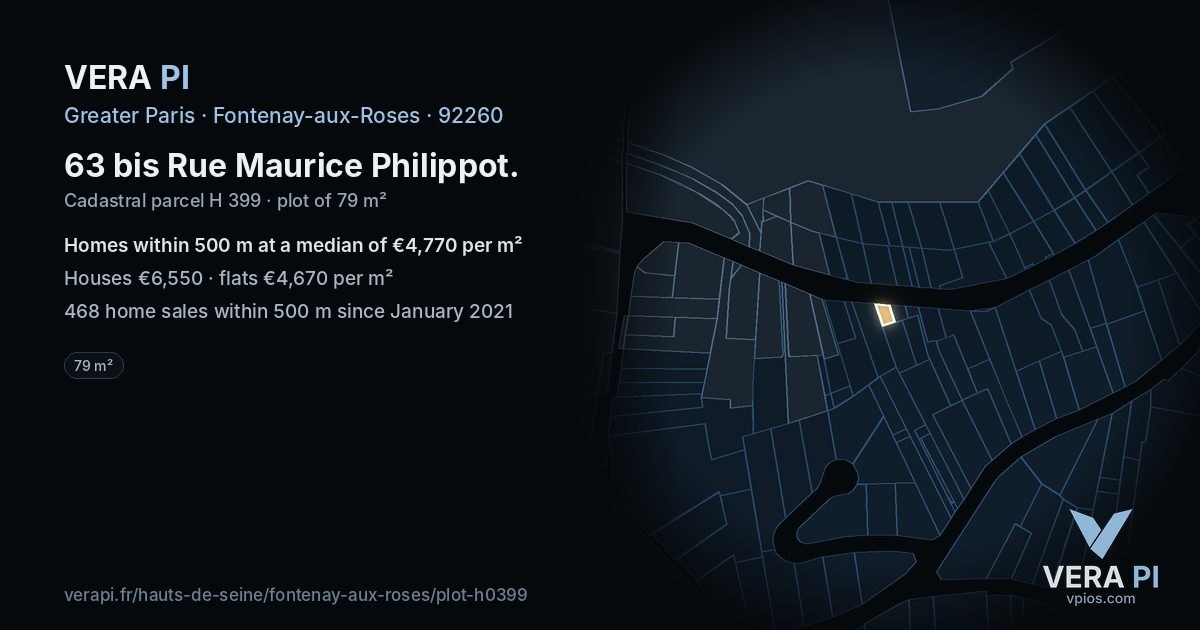 63 bis Rue Maurice Philippot, Fontenay-aux-Roses at night – the plot lit, the parcels around coloured by the prices near them