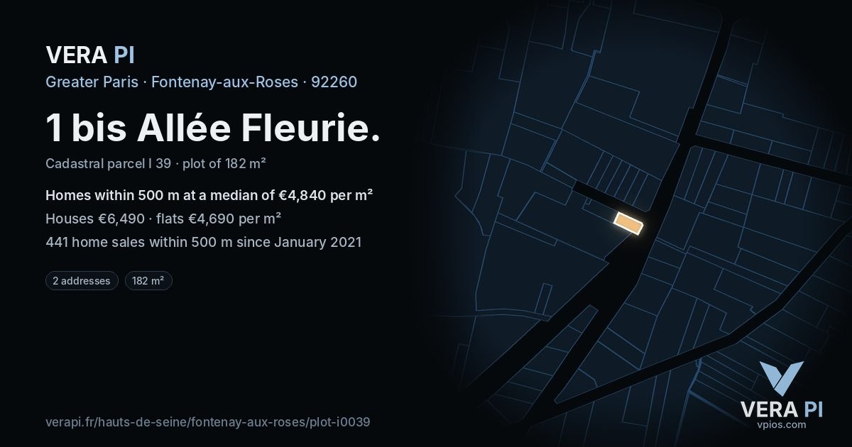 1 bis Allée Fleurie, Fontenay-aux-Roses at night – the plot lit, the parcels around coloured by the prices near them
