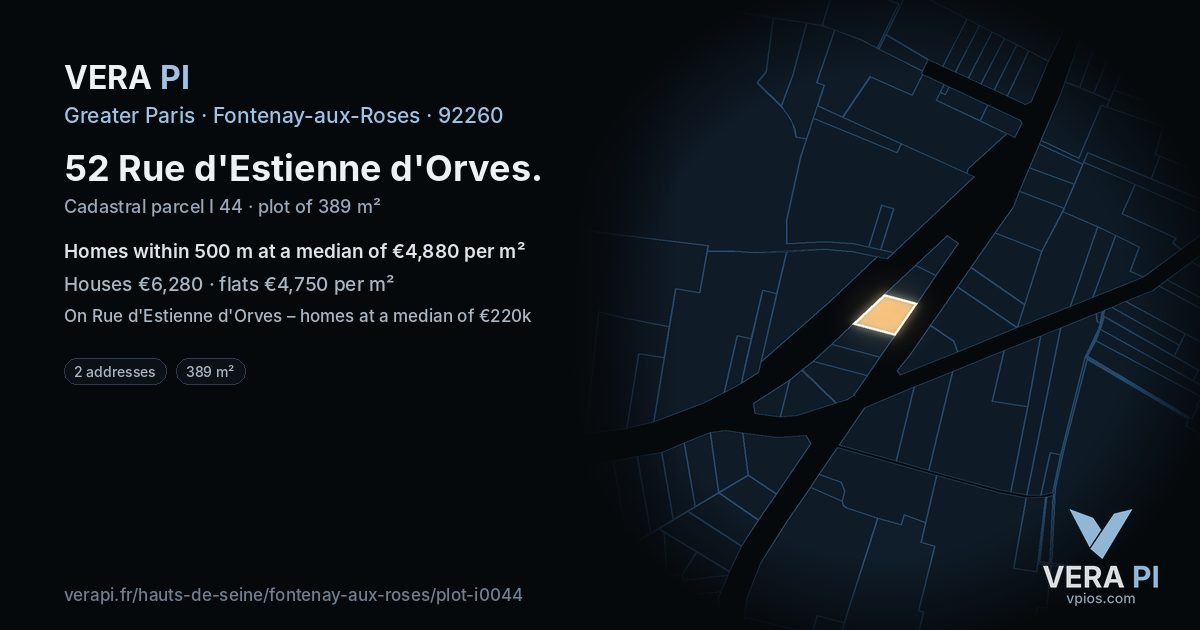 52 Rue d'Estienne d'Orves, Fontenay-aux-Roses at night – the plot lit, the parcels around coloured by the prices near them