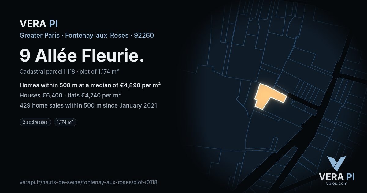9 Allée Fleurie, Fontenay-aux-Roses at night – the plot lit, the parcels around coloured by the prices near them