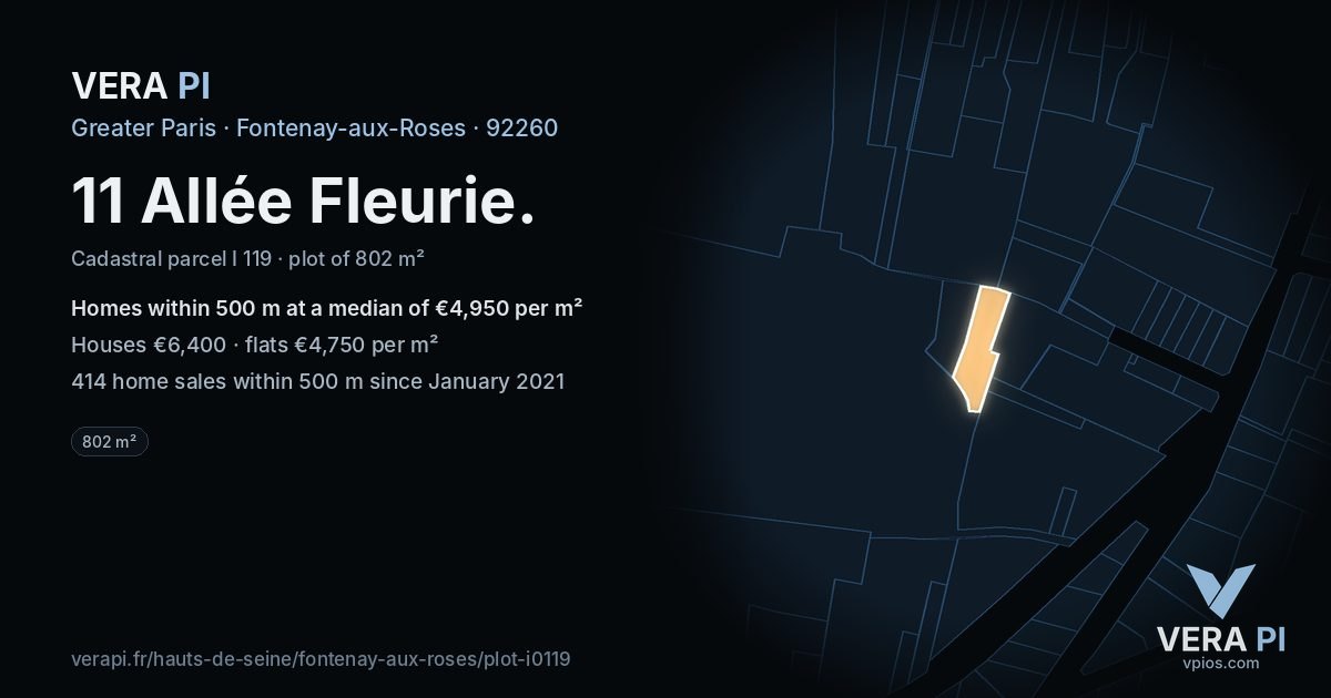 11 Allée Fleurie, Fontenay-aux-Roses at night – the plot lit, the parcels around coloured by the prices near them