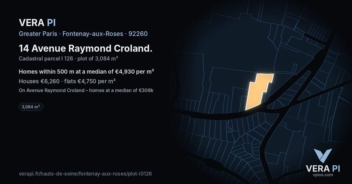 14 Avenue Raymond Croland, Fontenay-aux-Roses at night – the plot lit, the parcels around coloured by the prices near them