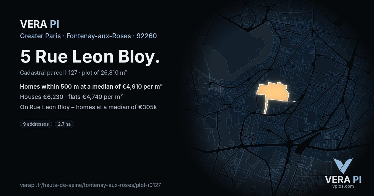 5 Rue Leon Bloy, Fontenay-aux-Roses at night – the plot lit, the parcels around coloured by the prices near them