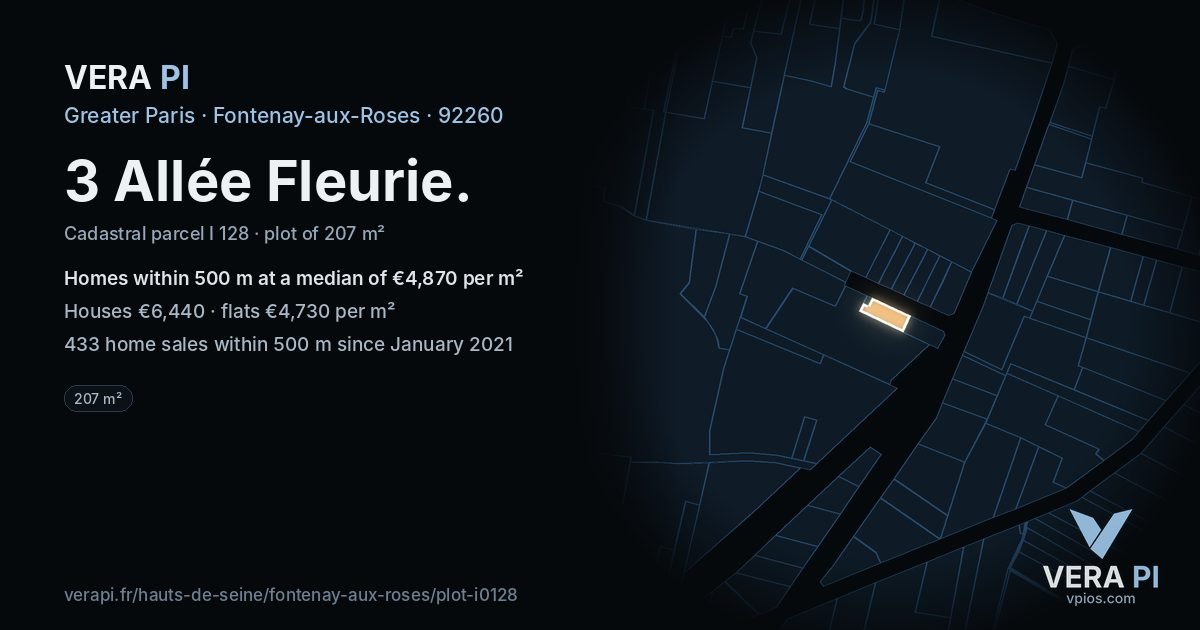 3 Allée Fleurie, Fontenay-aux-Roses at night – the plot lit, the parcels around coloured by the prices near them