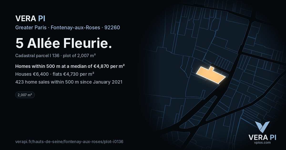 5 Allée Fleurie, Fontenay-aux-Roses at night – the plot lit, the parcels around coloured by the prices near them
