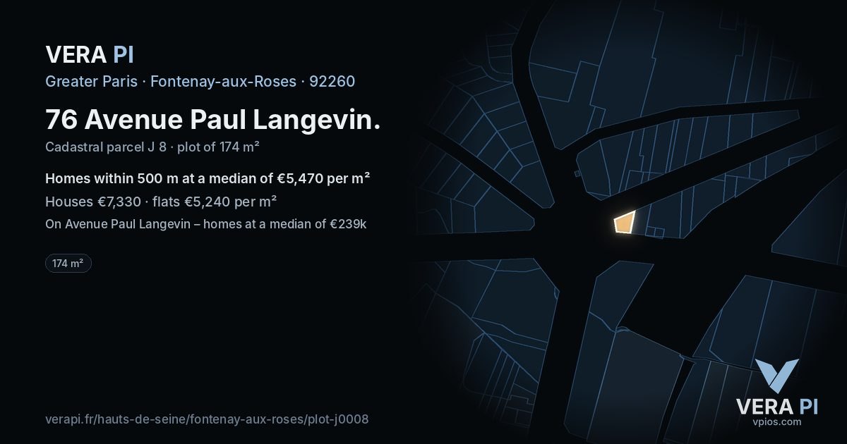 76 Avenue Paul Langevin, Fontenay-aux-Roses at night – the plot lit, the parcels around coloured by the prices near them