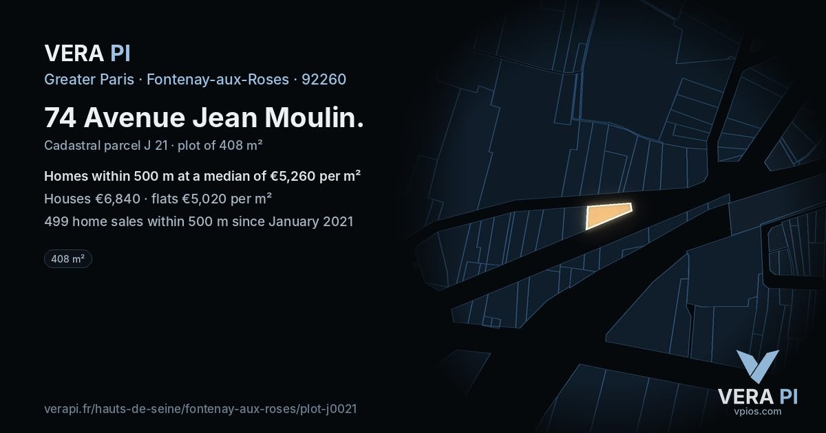 74 Avenue Jean Moulin, Fontenay-aux-Roses at night – the plot lit, the parcels around coloured by the prices near them