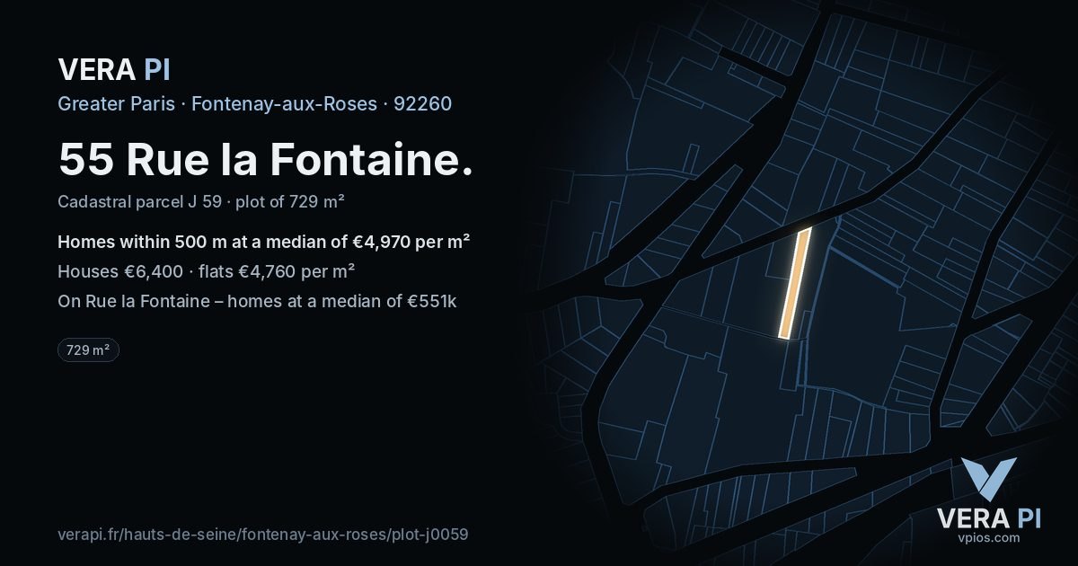55 Rue la Fontaine, Fontenay-aux-Roses at night – the plot lit, the parcels around coloured by the prices near them