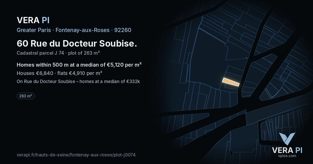 60 Rue du Docteur Soubise, Fontenay-aux-Roses at night – the plot lit, the parcels around coloured by the prices near them