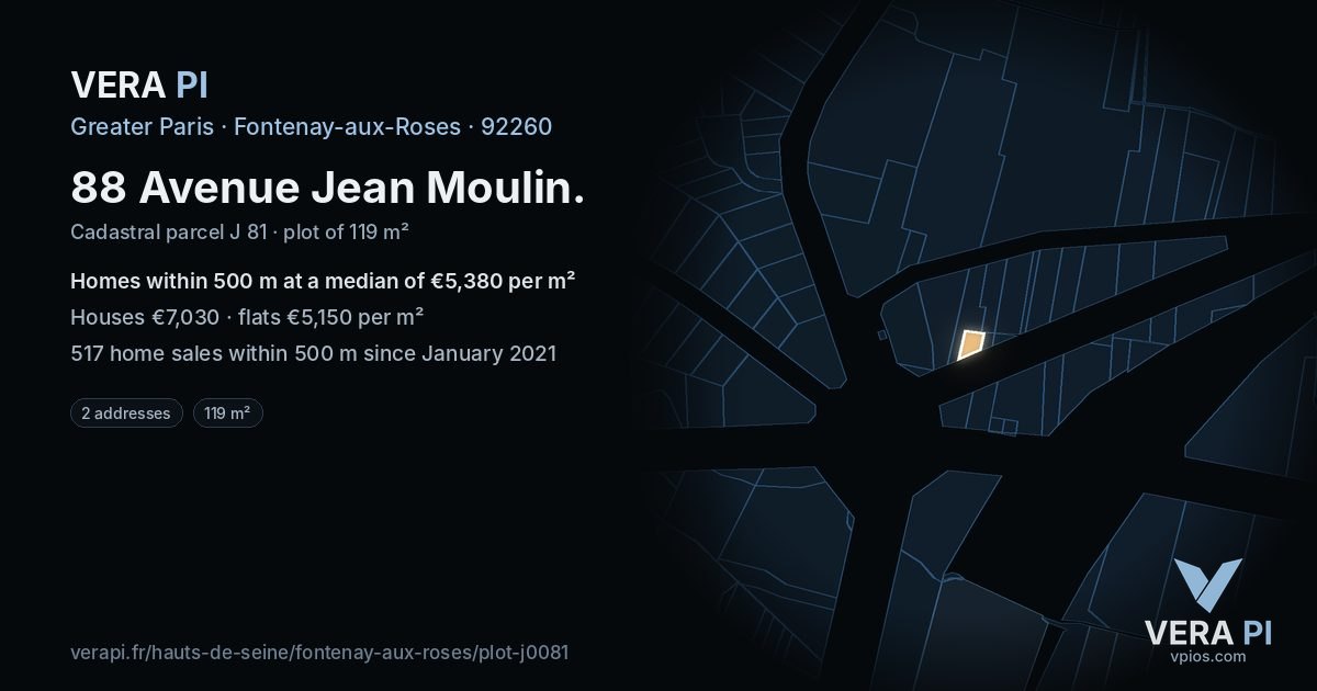 88 Avenue Jean Moulin, Fontenay-aux-Roses at night – the plot lit, the parcels around coloured by the prices near them