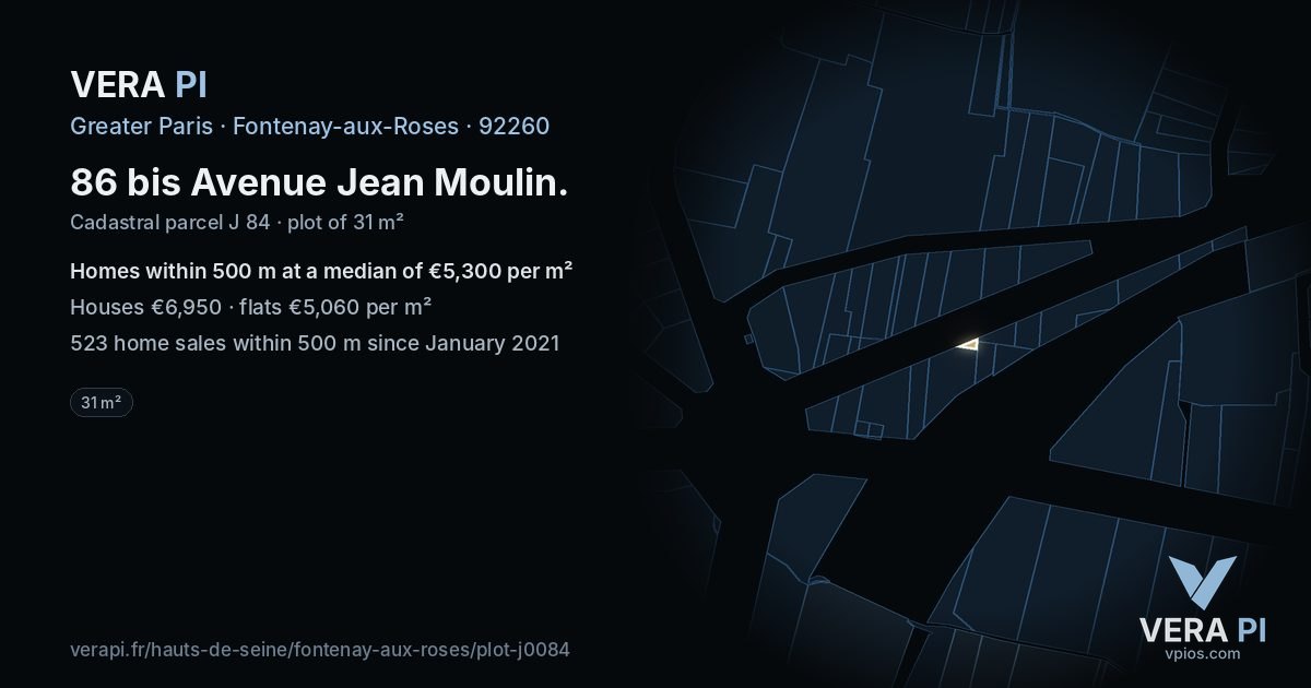 86 bis Avenue Jean Moulin, Fontenay-aux-Roses at night – the plot lit, the parcels around coloured by the prices near them
