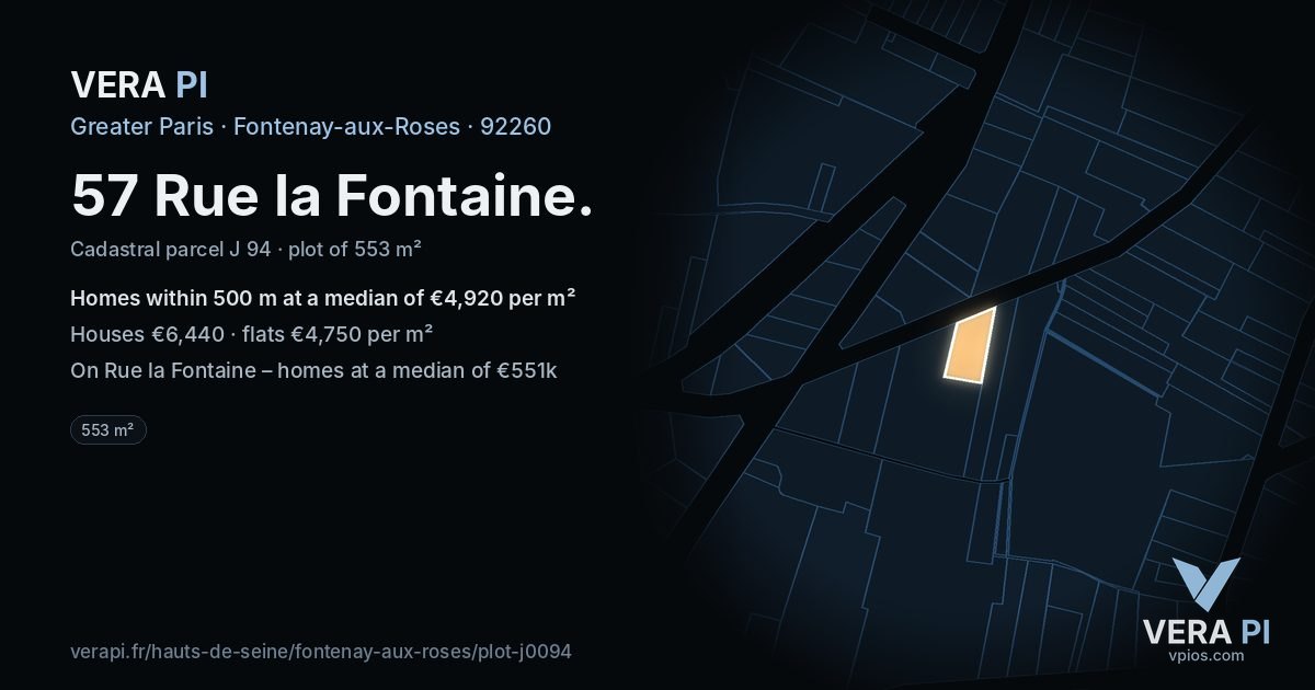 57 Rue la Fontaine, Fontenay-aux-Roses at night – the plot lit, the parcels around coloured by the prices near them