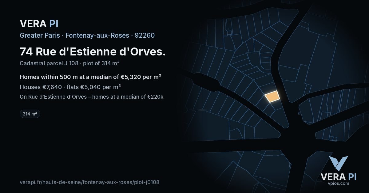 74 Rue d'Estienne d'Orves, Fontenay-aux-Roses at night – the plot lit, the parcels around coloured by the prices near them