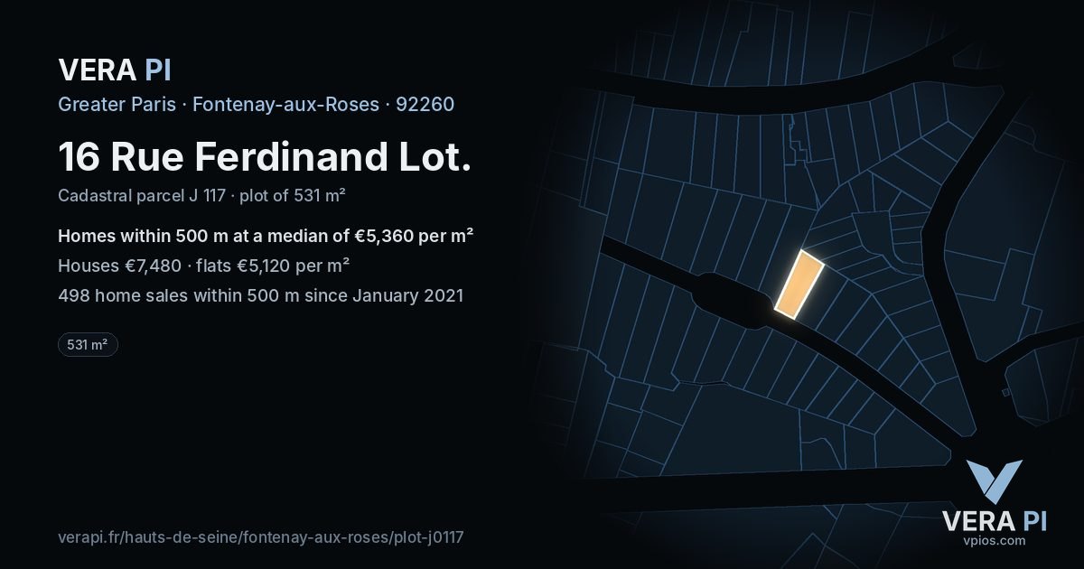 16 Rue Ferdinand Lot, Fontenay-aux-Roses at night – the plot lit, the parcels around coloured by the prices near them