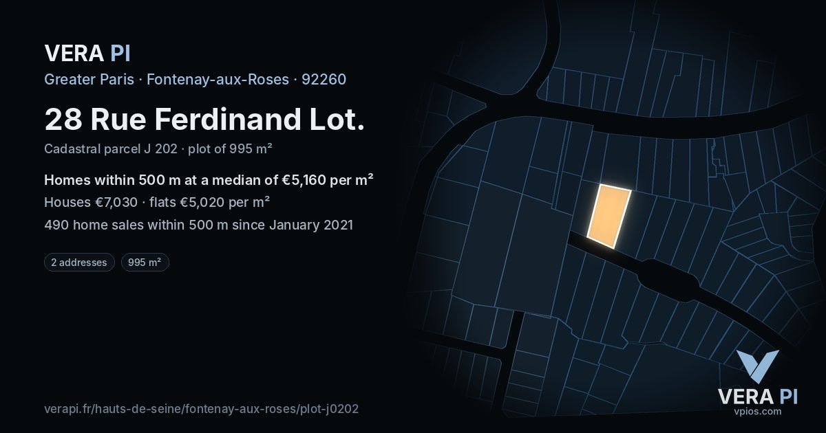 28 Rue Ferdinand Lot, Fontenay-aux-Roses at night – the plot lit, the parcels around coloured by the prices near them