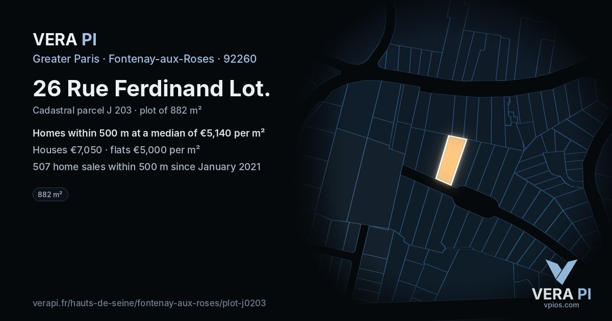 26 Rue Ferdinand Lot, Fontenay-aux-Roses at night – the plot lit, the parcels around coloured by the prices near them