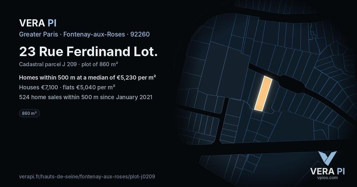 23 Rue Ferdinand Lot, Fontenay-aux-Roses at night – the plot lit, the parcels around coloured by the prices near them