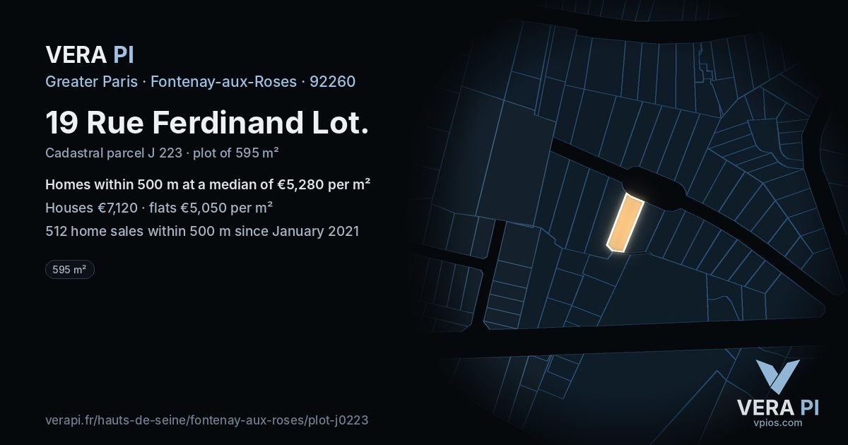 19 Rue Ferdinand Lot, Fontenay-aux-Roses at night – the plot lit, the parcels around coloured by the prices near them