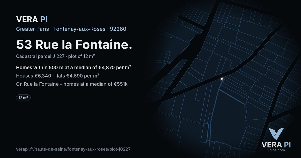 53 Rue la Fontaine, Fontenay-aux-Roses at night – the plot lit, the parcels around coloured by the prices near them