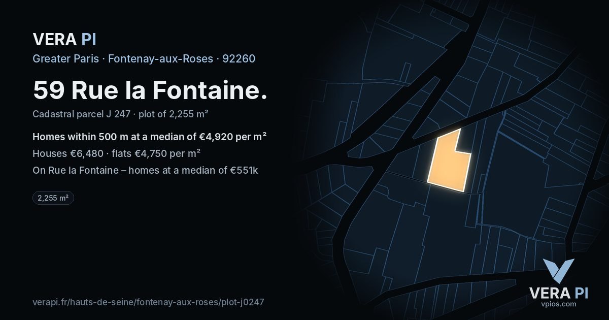 59 Rue la Fontaine, Fontenay-aux-Roses at night – the plot lit, the parcels around coloured by the prices near them